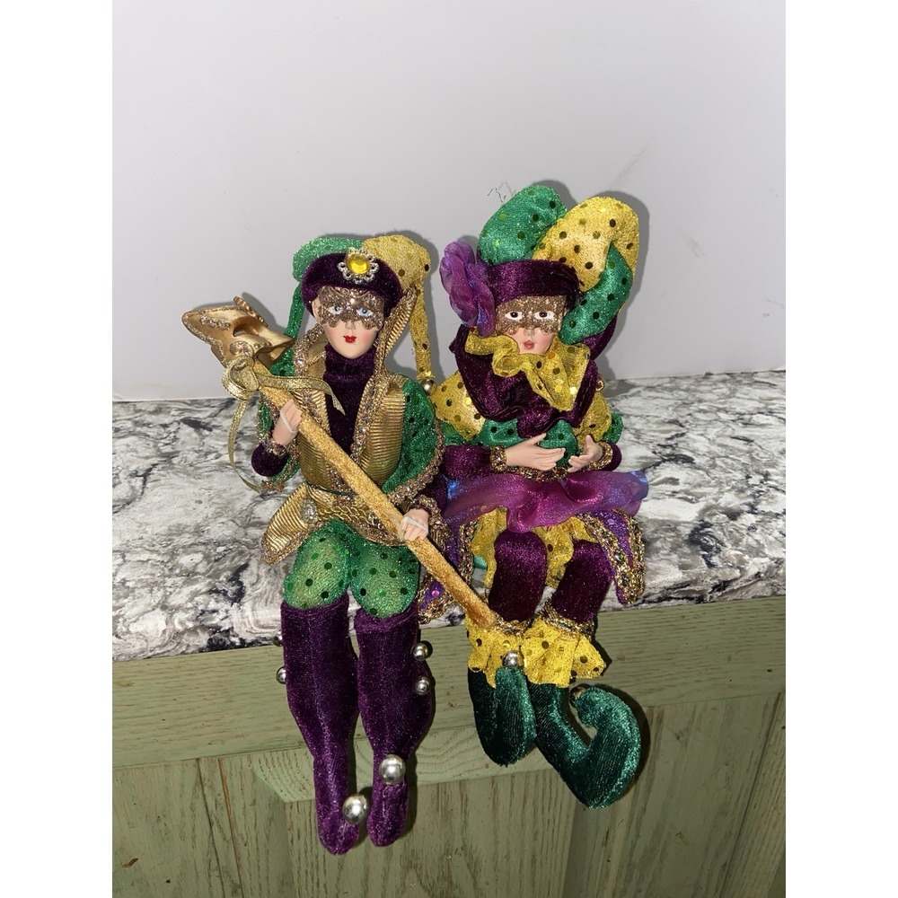 2 Mardi Gras Figurines Sitting Jester Porcelain Dolls Gold, Purple, Green